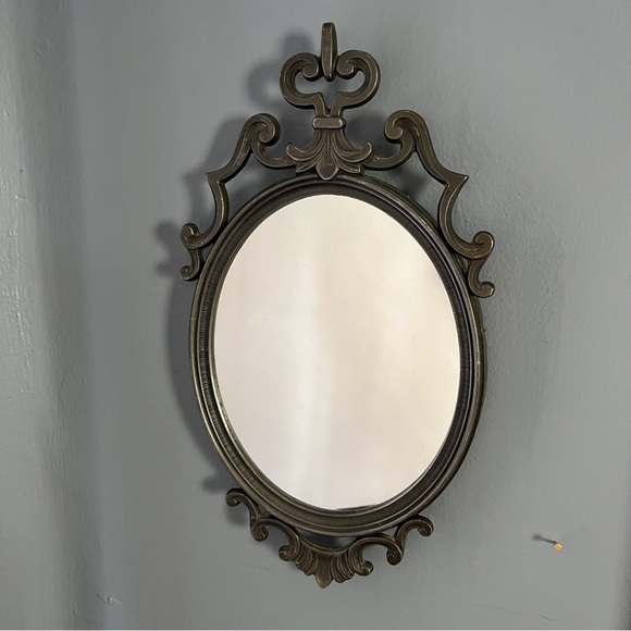 Vintage Gothic Pewter Metal Oval Wall Mirror MCM Victorian - Picture 2 of 13